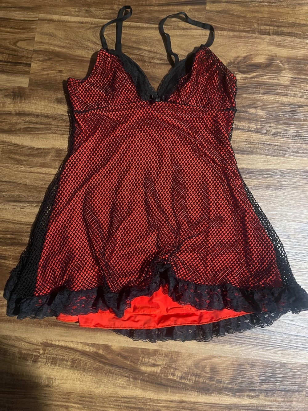 Black and red fishnet mini dress